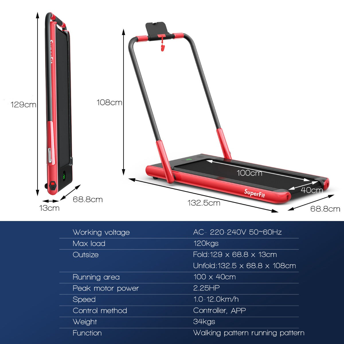 NNECW 2-in-1 Foldable Treadmill with APP &amp Remote Control for Home &amp Office-Red-3
